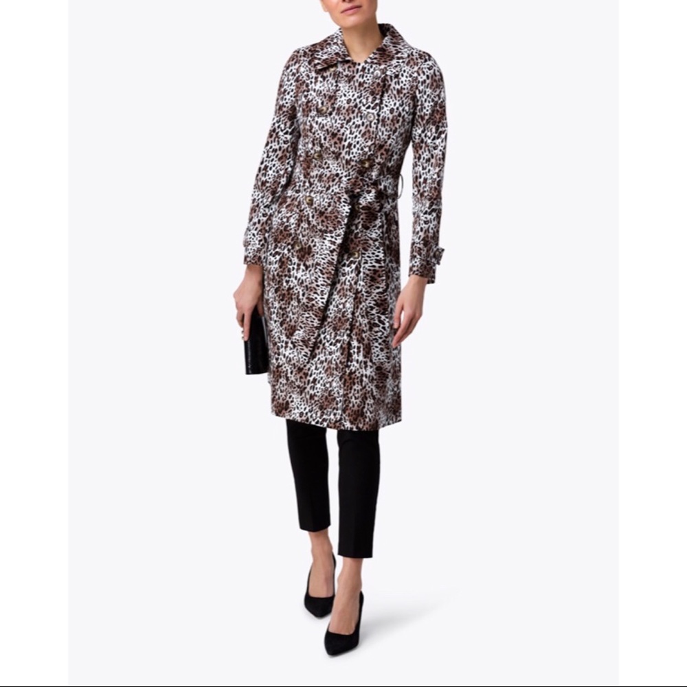 New HELENE BERMAN Leopard Double Breasted Trench Coat XL